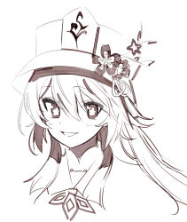 Rule 34 | 1girl, flower, flower-shaped pupils, genshin impact, hair between eyes, hat, hat flower, highres, hu tao (genshin impact), long hair, looking at viewer, monochrome, parted lips, portrait, simple background, smile, solo, symbol-shaped pupils, tetuw, white background