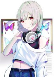 Rule 34 | 1girl, absurdres, belt, black tank top, blue shorts, commentary request, cowboy shot, crossed bangs, green hair, hand up, headphones, headphones around neck, highres, looking at viewer, medium hair, mumei (mumei 7743), navel, off-shoulder shirt, off shoulder, original, painting (object), parted lips, red eyes, shirt, shorts, sidelocks, single bare shoulder, smile, solo, standing, stomach, tank top, white shirt