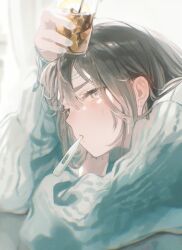 1girl blush brown_hair cold_pack cup eyelashes fingernails grey_eyes highres holding holding_cup ice liquid-in-glass_thermometer long_sleeves looking_at_viewer medium_hair nail_polish original sick solo sweat takaya_riku thermometer upper_body