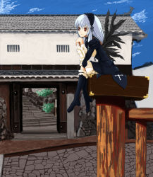 Rule 34 | 00s, 1girl, b-ginga, black wings, bloomers, boots, building, head rest, cobblestone, cross, day, frills, hairband, crossed legs, long hair, looking afar, outdoors, red eyes, road, rozen maiden, silver hair, sitting, smile, solo, street, suigintou, suitcase, underwear, wings