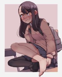 Rule 34 | 1girl, backpack, bag, barefoot, black hair, black thighhighs, blush, breasts, commentary, english commentary, face, feet, foreshortening, hair ornament, hairclip, hands on feet, highres, ijiranaide nagatoro-san, k-rha&#039;s, long hair, long sleeves, looking at viewer, nagatoro hayase, nose blush, orange eyes, pleated skirt, ringed eyes, skirt, small breasts, solo, thighhighs, toes, wavy mouth, wing collar