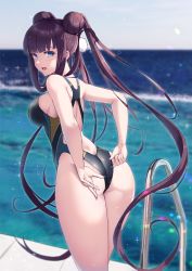 Rule 34 | 1girl, absurdres, adjusting clothes, adjusting swimsuit, ass, back cutout, blue eyes, blunt bangs, blurry, blurry background, blush, breasts, butt crack, clothing cutout, competition swimsuit, day, depth of field, double bun, fate/grand order, fate (series), from behind, hair bun, highleg, highleg swimsuit, highres, horizon, huge filesize, large breasts, leaning forward, long hair, looking at viewer, looking back, multicolored clothes, multicolored swimsuit, ocean, one-piece swimsuit, open mouth, outdoors, pool ladder, purple hair, sideboob, solar (happymonk), solo, sparkle, standing, swimsuit, thighs, twintails, very long hair, water, yang guifei (fate), yang guifei (first ascension) (fate)