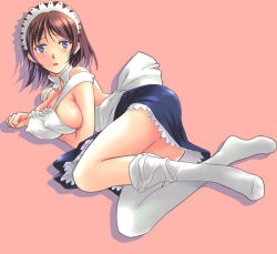 Rule 34 | 1girl, apron, blue eyes, blush, breasts squeezed together, breasts, brown hair, feet, fujisaka kuuki, large breasts, legs, maid, maid apron, short hair, solo, thighhighs