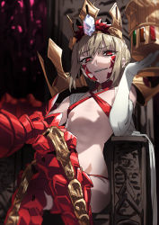 Rule 34 | 1girl, absurdres, armored legwear, blonde hair, braid, breasts, chalice, collarbone, commentary request, commission, criss-cross halter, crossed legs, crown, cup, dragon claw, elbow gloves, facial mark, fate/grand order, fate/grand order arcade, fate (series), french braid, gloves, grin, halterneck, highres, holding, holding cup, jewelry, looking at viewer, nero claudius (fate), nero claudius (fate) (all), original nasu, panties, pixiv commission, queen draco (fate), queen draco (second ascension) (fate), red eyes, red legwear, red panties, revealing clothes, short hair, single elbow glove, single glove, sitting, small breasts, smile, solo, stomach, throne, underwear, white gloves