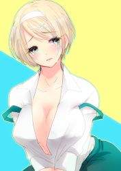 Rule 34 | 1girl, axis powers hetalia, blonde hair, breasts, cleavage, crying, crying with eyes open, hairband, komako, komako (go mao), large breasts, looking at viewer, no bra, outline, shirt, short hair, solo, strap slip, tears, ukraine (hetalia), wavy mouth, white hairband, white shirt