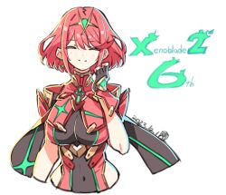Rule 34 | breasts, closed eyes, large breasts, official art, pyra (xenoblade), red hair, saitou masatsugu, short hair, simple background, solo, white background, xenoblade chronicles (series), xenoblade chronicles 2