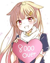 Rule 34 | 10s, 1girl, black ribbon, blonde hair, blush, emilion, eyebrows, fang, hair flaps, hair ornament, hair ribbon, hairclip, heart, holding, kantai collection, long hair, looking at viewer, milestone celebration, open mouth, pink hair, ribbon, scarf, school uniform, serafuku, short sleeves, simple background, smile, solo, sparkle, upper body, white background, white scarf, yuudachi (kancolle), yuudachi kai ni (kancolle)