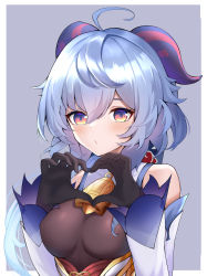 Rule 34 | absurdres, ahoge, bare shoulders, bell, black gloves, blue hair, blush, breasts, detached sleeves, ganyu (genshin impact), genshin impact, gloves, gold trim, heart, heart hands, highres, horns, looking at viewer, medium breasts, neck bell, purple eyes, sido (ama r007), simple background, solo, white sleeves