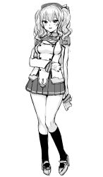 Rule 34 | 1girl, epaulettes, frilled sleeves, frills, full body, gloves, greyscale, jacket, kantai collection, kashima (kancolle), kneehighs, kumadano, long sleeves, looking at viewer, military, military jacket, military uniform, miniskirt, monochrome, neckerchief, pleated skirt, sidelocks, simple background, skirt, socks, solo, standing, twintails, uniform, wavy hair