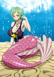 Rule 34 | 1girl, ass, breasts, brown eyes, camie (one piece), covered erect nipples, female focus, green hair, highres, large breasts, mermaid, monster girl, nel-zel formula, nipples, one piece, open mouth, short hair, swimsuit