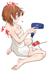Rule 34 | 1girl, absurdres, anglerfish, barefoot, breasts, brown eyes, brown hair, cleavage, commentary, emblem, fish, from side, girls und panzer, hair dryer, hand in own hair, heart, highres, holding, holding hair dryer, medium breasts, naked towel, nishizumi miho, sattinittas, short hair, simple background, sitting, solo, towel, translated, wariza, wet, white background