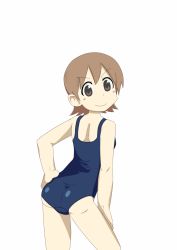 Rule 34 | 1girl, aioi yuuko, ass, blue one-piece swimsuit, blush, breasts, brown eyes, brown hair, from behind, hand on own hip, looking at viewer, looking back, nichijou, not call, one-piece swimsuit, school swimsuit, short hair, small breasts, smile, swimsuit, white background