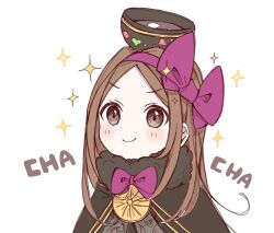 Rule 34 | 1girl, blush, bow, bowl, bowtie, brown eyes, brown hair, chacha (fate), closed mouth, family crest, fate/grand order, fate (series), food, hair ribbon, highres, oda uri, portrait, purple bow, ribbon, simple background, smile, solo, sparkle, white background, yui (tamagohan)