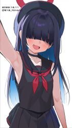 Rule 34 | 1girl, arm up, armpits, black choker, black hair, black hat, black sailor collar, black skirt, blue archive, blush, choker, collarbone, commentary request, dated, fang, hair over eyes, halo, hat, highres, justice task force member (blue archive), long hair, looking at viewer, mob cap, mokyutan, neckerchief, open mouth, pleated skirt, red eyes, red halo, red neckerchief, sailor collar, simple background, skin fang, skirt, smile, solo, twitter username, white background