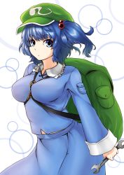 Rule 34 | 1girl, backpack, bad id, bad pixiv id, bag, blue eyes, blue hair, doseisan (dosei-san), hair bobbles, hair ornament, hat, kawashiro nitori, matching hair/eyes, solo, touhou, twintails, two side up, wrench