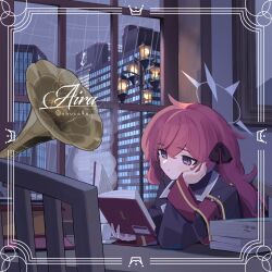 Rule 34 | 1girl, armband, blue archive, book, building, commentary request, cup, hair between eyes, hair ribbon, halo, highres, indoors, iroha (blue archive), jacket, lamppost, long hair, military jacket, night, phonograph, purple eyes, rain, reading, red armband, red hair, ribbon, shuca ca, solo, table, teacup, upper body, wavy hair, wide sleeves, window