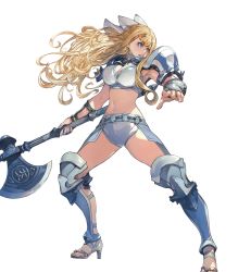 Rule 34 | 1girl, arm guards, armor, armpits, axe, battle axe, bikini armor, blonde hair, blue eyes, bow, breasts, charlotte (fire emblem), cleavage, female focus, fire emblem, fire emblem fates, fire emblem heroes, full body, hair bow, hair ornament, high heels, highres, holding, holding axe, holding weapon, large breasts, long hair, midriff, navel, nintendo, official art, sandals, short shorts, shorts, shoulder armor, sleeveless, solo, transparent background, weapon, yoshihisa