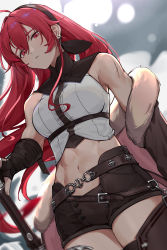Rule 34 | 1girl, abs, absurdres, aged up, ahoge, bare shoulders, boots, brown gloves, closed mouth, crop top, detached collar, earrings, eris greyrat, fingerless gloves, from below, fur collar, gloves, hair between eyes, hairband, high collar, highres, holding, holding sword, holding weapon, jewelry, long hair, mushoku tensei, navel, off shoulder, red eyes, red hair, scar, scar on arm, shirt, short shorts, shorts, sleeveless, sleeveless shirt, solo, standing, sword, thick eyebrows, thigh boots, thighhighs, thighs, toned, toned female, weapon, xiu kukkii