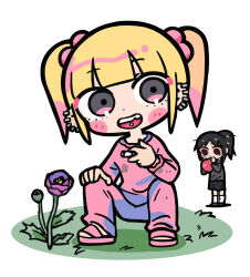 Rule 34 | 2girls, balloon, black eyes, black footwear, black hair, black shirt, black skirt, blonde hair, blush stickers, chibi, colored sclera, commentary request, dot nose, ear piercing, flower, grass, hair bobbles, hair ornament, highres, holding, holding balloon, looking to the side, multiple girls, open mouth, original, piercing, pink footwear, pink track suit, pleated skirt, ponytail, purple flower, red sclera, shirt, short hair, sidelocks, simple background, skirt, slav squatting, smoking, socks, solo focus, squatting, sweat, terada tera, thick outlines, tongue piercing, twintails, white background, white socks