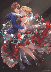 Rule 34 | 1boy, 1girl, :o, arms around waist, ass, bad id, bad pixiv id, bare shoulders, black footwear, black gloves, blonde hair, blue footwear, blush, boots, brown eyes, brown hair, butt crack, chain, closed mouth, couple, dagger, djeeta (granblue fantasy), dress, elbow gloves, flower, full body, gloves, gran (granblue fantasy), granblue fantasy, hetero, high heels, highres, holding, holding dagger, holding knife, holding weapon, hug, knife, long dress, looking at viewer, looking back, milli little, neck, open mouth, petals, plant, red flower, red rose, revealing clothes, rose, serious, shoes, short hair, vines, weapon