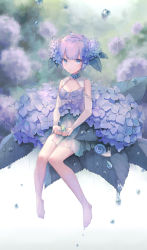 Rule 34 | 1girl, animal, bare shoulders, barefoot, blue eyes, blue flower, blunt bangs, blurry, blurry background, breasts, cleavage cutout, clothing cutout, cupping hands, day, depth of field, dress, dripping, flower, frog, full body, hair flower, hair ornament, highres, hydrangea, leaf, leaf hair ornament, mini person, minigirl, niwako, original, outdoors, own hands together, parted lips, purple dress, purple hair, rain, see-through, short hair, sitting, sleeveless, sleeveless dress, small breasts, snail, solo, water drop, wet