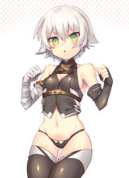 Rule 34 | 1girl, bandaged arm, bandages, bare shoulders, black panties, black thighhighs, breasts, cleavage cutout, clothing cutout, fate/apocrypha, fate/grand order, fate (series), gloves, green eyes, grey hair, highres, jack the ripper (fate/apocrypha), kisaragi saki, looking at viewer, navel, panties, simple background, single glove, solo, thighhighs, underwear