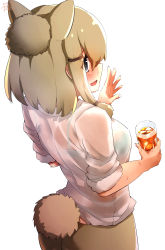 Rule 34 | 1girl, absurdres, alpaca ears, alpaca suri (kemono friends), alpaca tail, animal ears, back, blonde hair, bra, commentary request, cup, dated, drink, drinking glass, extra ears, fingernails, from behind, from side, fur-trimmed sleeves, fur trim, furrowed brow, hair bun, hands up, highres, holding, holding cup, ice, ice cube, kemono friends, looking afar, nail polish, pink nails, see-through, shirt, short hair, shorts, sidelocks, signature, single hair bun, solo, sweat, tail, taracheesesan, underwear, wet, wet clothes, wet shirt