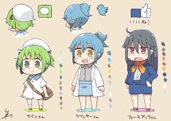 Rule 34 | 3girls, :d, ahoge, bag, black hair, blue hair, brown eyes, color guide, commentary, facebook, formal, green eyes, green hair, hand on own hip, hat, jitome, lab coat, line (naver), logo, multiple girls, neckerchief, open mouth, personification, ponytail, shoulder bag, signature, skirt, smile, suit, translated, tsukigi, twitter, twitter logo, two side up, yellow eyes