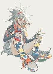 Rule 34 | 1girl, absurdres, bodypaint, facial mark, full body, gauntlets, gloves, grey hair, hair dye, hair ornament, highres, holding, long hair, looking at viewer, original, pepperacae, red eyes, shirt, shoes, shorts, solo, white background