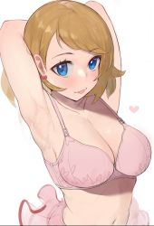 Rule 34 | 1girl, :p, armpits, arms behind head, arms up, black shirt, blue eyes, blush, bra, breasts, brown hair, closed mouth, creatures (company), game freak, gatchan, heart, highres, large breasts, long hair, looking at viewer, navel, nintendo, no shirt, pink bra, pink skirt, pokemon, pokemon (anime), pokemon journeys, pokemon swsh105, serena (pokemon), shirt, simple background, skirt, smile, solo, swept bangs, tongue, tongue out, underwear, upper body, white background