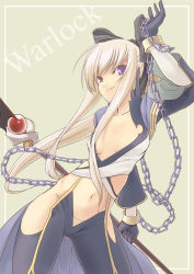 Rule 34 | 1girl, black bow, black gloves, black pants, blonde hair, bow, breasts, chain, character name, closed mouth, coat, commentary request, cowboy shot, gloves, green background, grey coat, hair bow, holding, holding staff, long hair, looking at viewer, navel, nueco, pants, ponytail, purple eyes, ragnarok online, sidelocks, simple background, small breasts, smile, solo, staff, warlock (ragnarok online)