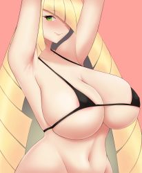Rule 34 | alternate breast size, armpits, bikini, blonde hair, blush, breasts, creatures (company), curvy, fraankyy, game freak, green eyes, hair over one eye, hands up, highres, large breasts, long hair, looking at viewer, lusamine (pokemon), mature female, md5 mismatch, micro bikini, nintendo, pokemon, pokemon sm, resolution mismatch, simple background, smile, source larger, standing, swimsuit