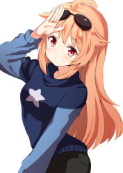 Rule 34 | 1girl, ahoge, ame., arm up, azur lane, black pants, blonde hair, blue sweater, blush, breasts, columbia (azur lane), commentary, eyewear on head, grin, hair flaps, highres, light brown hair, long hair, long sleeves, looking at viewer, pants, red eyes, simple background, small breasts, smile, solo, star (symbol), sunglasses, sweater, very long hair, white background