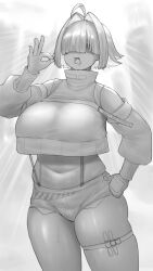 Rule 34 | 1girl, ahoge, breasts, clothing cutout, crop top, cropped sweater, drooling, elegg (nikke), exposed pocket, goddess of victory: nikke, greyscale, hair intakes, hair over eyes, highres, ifnlew, large breasts, long bangs, long sleeves, micro shorts, monochrome, navel, short hair, shorts, shoulder cutout, skindentation, solo, suspender shorts, suspenders, sweat, thigh strap, thighs