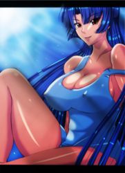 Rule 34 | 1girl, alternate costume, blue hair, blue one-piece swimsuit, blush, breasts, brown eyes, eyelashes, from side, highres, huge breasts, large breasts, letterboxed, long hair, one-piece swimsuit, parted bangs, r-wade, solo, solo focus, swimsuit, tongue, very long hair