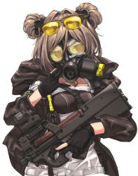 Rule 34 | 1girl, adjusting mask, ammunition, between breasts, black gloves, black jacket, breasts, bullet, bullpup, choker, collarbone, covered mouth, double bun, eyewear on head, fn 5.7x28mm, gas mask, girls&#039; frontline, gloves, gun, hair between eyes, hair bun, hair intakes, highres, holding, holding gun, holding weapon, hood, hood down, horizontal magazine, ivan wang, jacket, jewelry, looking at viewer, mask, medium breasts, open clothes, open jacket, p90, p90 (girls&#039; frontline), partially fingerless gloves, pdw cartridge, pendant, personal defense weapon, red eyes, see-through, simple background, solo, submachine gun, sunglasses, sunglasses on head, translucent, trigger discipline, upper body, weapon, white background