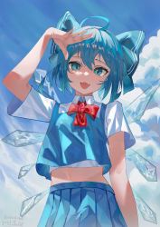 Rule 34 | 1girl, :3, :d, absurdres, ahoge, arm up, artist name, blue eyes, blue hair, bow, bowtie, cirno, cloud, cumulonimbus cloud, dated, day, fang, firecracker (user kgxp3553), from below, hair between eyes, hair bow, highres, ice, ice wings, looking at viewer, midriff, navel, open mouth, outdoors, pleated skirt, red bow, red bowtie, short hair, skirt, sky, smile, solo, touhou, wings