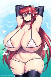 Rule 34 | 1girl, areola slip, armpits, arms up, bikini, blue eyes, breasts, choker, cleavage, curvy, elbow gloves, gigantic breasts, gloves, high school dxd, highres, huge breasts, long hair, navel, red hair, rias gremory, solo, supersatanson, swimsuit, thick thighs, thighhighs, thighs, very long hair, wide hips