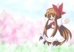 Rule 34 | 1girl, :d, belt, blurry, blush, bow, bowtie, brown hair, cherry blossoms, depth of field, dress, female focus, field, green eyes, hair bow, kneehighs, lily white, long hair, long sleeves, open mouth, outdoors, outstretched arms, plant, r pascal, red bow, red bowtie, smile, socks, solo, thighhighs, touhou, tree, very long hair, white dress, white socks, zettai ryouiki