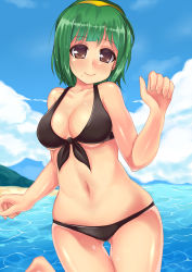 1girl absurdres bare_shoulders beach bikini black_bikini bob_cut breasts brown_eyes cleavage day female_focus front-tie_bikini_top front-tie_top green_hair hairband highres idolmaster idolmaster_(classic) kagami_yuu medium_breasts mole mole_under_mouth otonashi_kotori outdoors short_hair sky smile solo swimsuit water