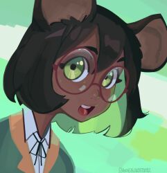 Rule 34 | 1girl, animal ears, artist name, black hair, blush, bumblesteak, dark-skinned female, dark skin, glasses, green background, green eyes, highres, looking at viewer, mouse ears, mouse girl, neck, nose, olive (bumblesteak), open mouth, original, shirt, short hair, simple background, solo, teeth, tongue, upper teeth only
