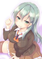 Rule 34 | 10s, 1girl, aqua eyes, aqua hair, ascot, between legs, blazer, blush, breasts, brown skirt, brown thighhighs, from above, hair ornament, hairclip, hand between legs, highres, jacket, kantai collection, large breasts, long hair, looking at viewer, looking up, pleated skirt, school uniform, shirt, sitting, skirt, smile, solo, spread legs, suzuya (kancolle), thighhighs, white shirt, yotunoha, zettai ryouiki