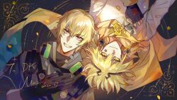 Rule 34 | 2boys, badge, black gloves, black headphones, blonde hair, brown eyes, button badge, character request, chest strap, chinese commentary, circlet, commentary request, copyright request, dangle earrings, dated, earrings, facial mark, fingerless gloves, flower, gloves, grin, headphones, heads together, high collar, highres, jewelry, long sleeves, lying, male focus, marking on cheek, moyna, multiple boys, night, night sky, on back, orb, petals, pointy ears, rose, scarf, shirt, short hair, signature, sky, smile, source request, spiked hair, star (symbol), star facial mark, turtleneck, upside-down, white shirt, yellow eyes, yellow flower, yellow rose, yellow scarf