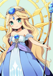 Rule 34 | 1girl, bare shoulders, blonde hair, blue dress, character request, commentary request, diadem, dress, gem, green eyes, long hair, looking at viewer, maplestory, maplestory 2, nekono rin, simple background, smile, solo, staff, strapless, strapless dress, very long hair