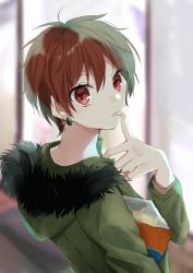 Rule 34 | 1girl, absurdres, bad id, bad pixiv id, bag of chips, blurry, blurry background, brown hair, chips (food), commentary request, depth of field, earrings, fingernails, food, fur-trimmed hood, fur trim, green jacket, hachimitsu honey, hair between eyes, hand up, highres, hood, hood down, hooded jacket, jacket, jewelry, licking, licking finger, long sleeves, looking at viewer, looking back, hugging object, original, potato chips, red eyes, short hair, solo, tongue, tongue out, upper body