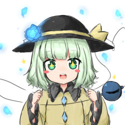 Rule 34 | + +, 1girl, :d, absurdres, bailingxiao jiu, black hat, blouse, blue flower, blue rose, blush stickers, bow, brown bow, brown shirt, commentary request, flower, green eyes, green hair, hands up, hat, hat bow, hat flower, highres, komeiji koishi, long sleeves, looking at viewer, open mouth, petals, rose, round teeth, shirt, smile, solo, teeth, third eye, touhou, upper body, upper teeth only, white background, wide sleeves, yellow shirt