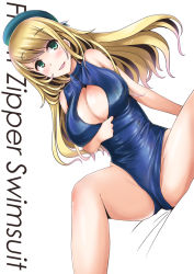 Rule 34 | 10s, 1girl, aqua eyes, atago (kancolle), bare shoulders, beret, blonde hair, blush, breasts, cleavage cutout, clothing cutout, front zipper swimsuit, hat, highres, kantai collection, large breasts, long hair, meme attire, minase (takaoka nanase), one-piece swimsuit, open mouth, smile, solo, spread legs, swimsuit