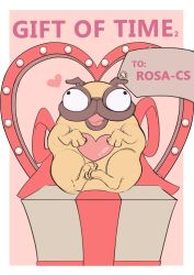 Rule 34 | animal, border, box, diter-trsey, dog, english text, gift, gift box, heart, highres, looking at viewer, no humans, open mouth, original, pink background, pug, sitting, white border