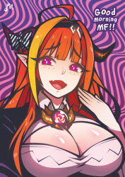 Rule 34 | 1girl, absurdres, ahoge, bacon strips, blonde hair, breasts, cleavage, dragon girl, dragon horns, fang, highres, hololive, horns, kiryu coco, kiryu coco (1st costume), large breasts, long hair, looking at viewer, multicolored hair, open mouth, orange hair, purple eyes, skin fang, smile, solo, streaked hair, upper body, virtual youtuber