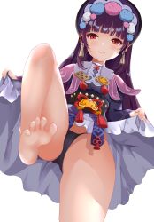 Rule 34 | 1girl, absurdres, bare legs, barefoot, black panties, bonnet, capelet, clothes lift, dress, dress lift, earrings, flower knot, from below, genshin impact, hair ornament, highres, jewelry, lifting own clothes, lolita fashion, looking at viewer, no shoes, panties, pink capelet, purple dress, red eyes, sash, smile, soles, standing, standing on one leg, tassel, tassel earrings, toes, underwear, vision (genshin impact), white background, xinyu ypd3167, yun jin (genshin impact)